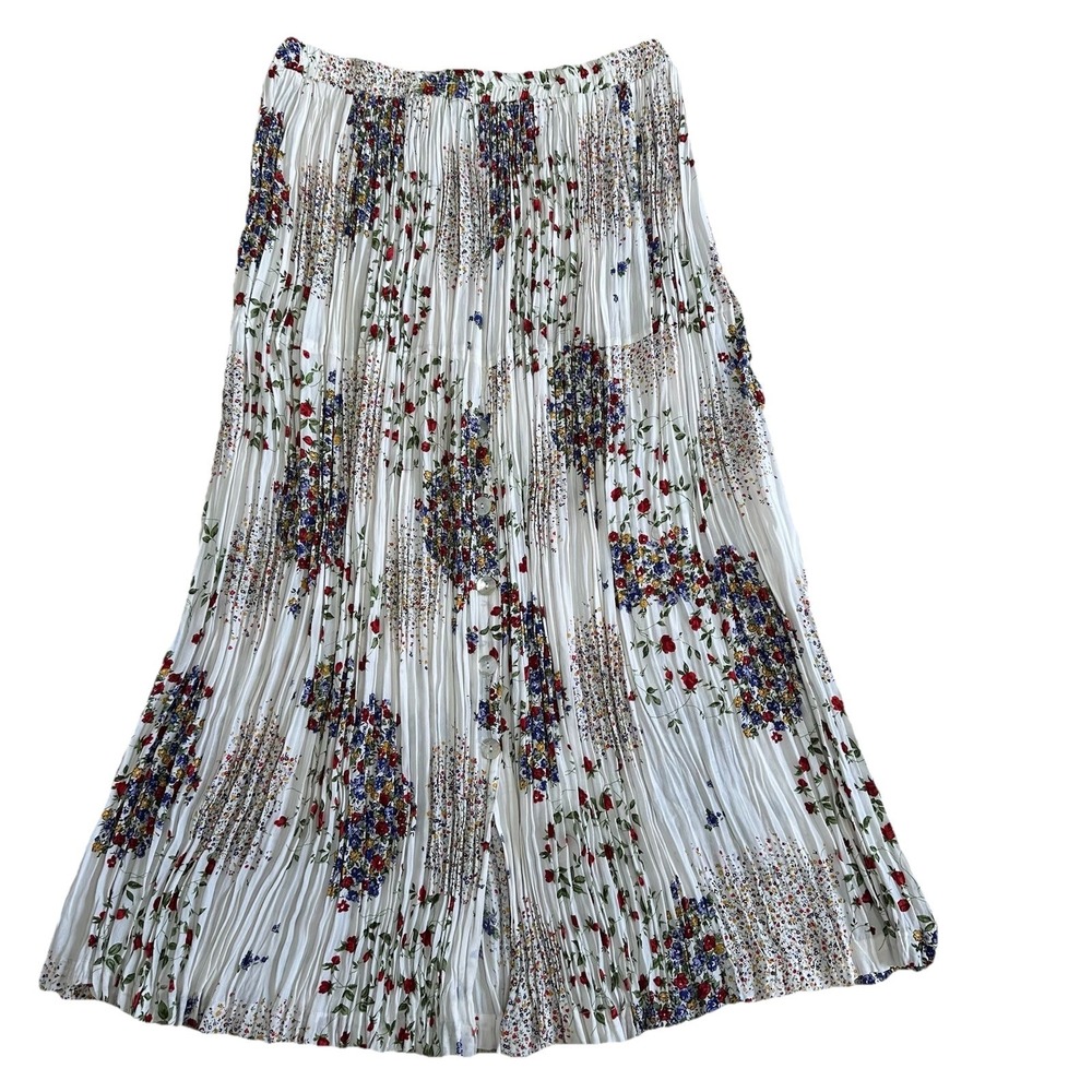 Vtg‎ Stonebridge Maxi Skirt Sz XL White Floral Crinkle Cottagecore